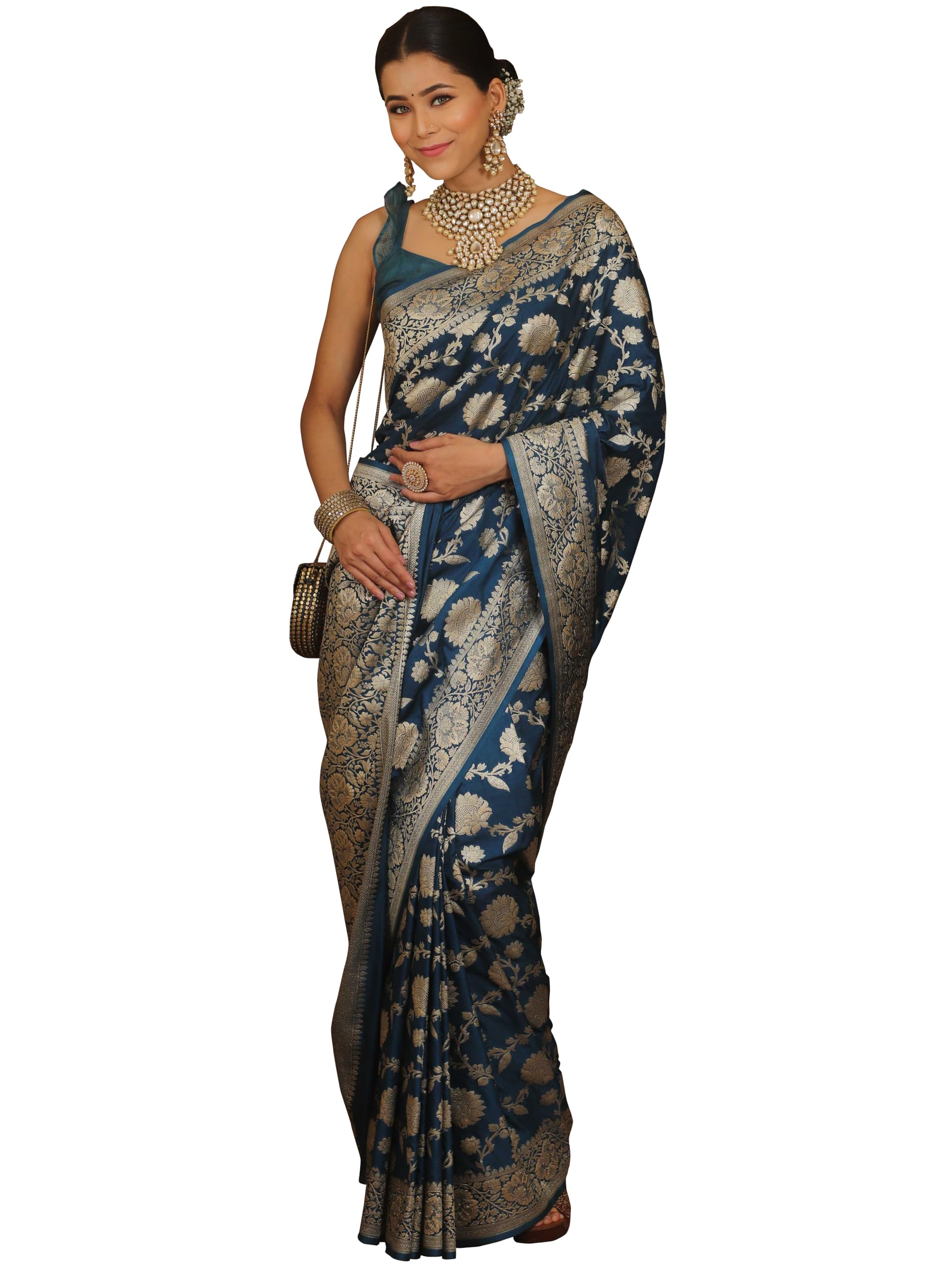 Sugathari Women's Banarasi Saree Pure Kanjivaram Silk Saree Soft New Ladies 2025 Design Wear Pattu Sarees Latest Sadi Party Sari Collections With Blouse Piece (San Pari-222-Navy Blue)