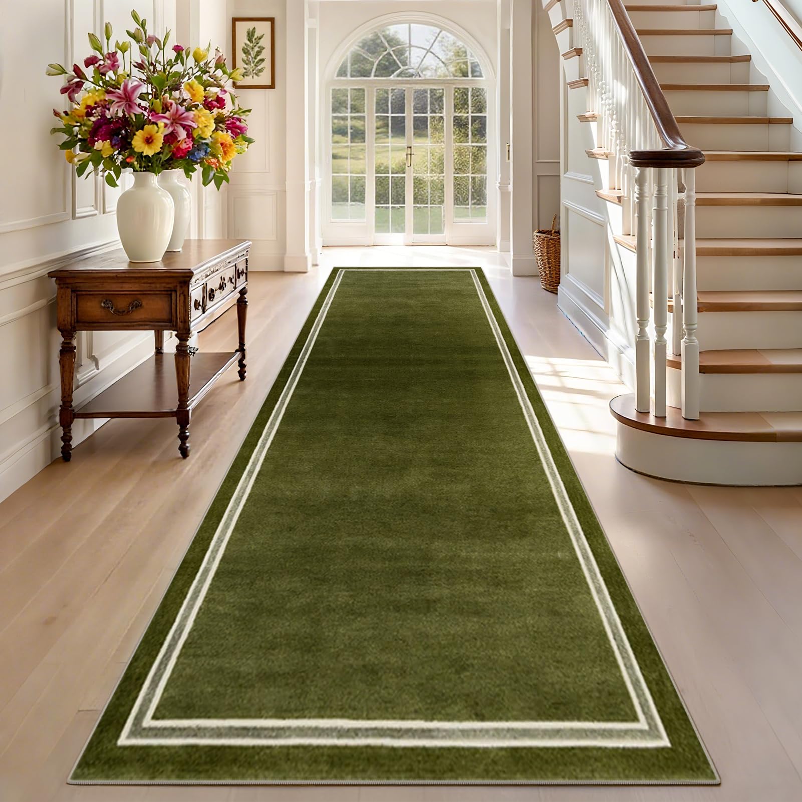 TEHWDAIYOU Carpet Runner 120 x 160 cm Non Slip Washable Hallway Kitchen Rug Extra Long Indoor Outdoor Mat for Entrances Corridor Living Room Laundry Green