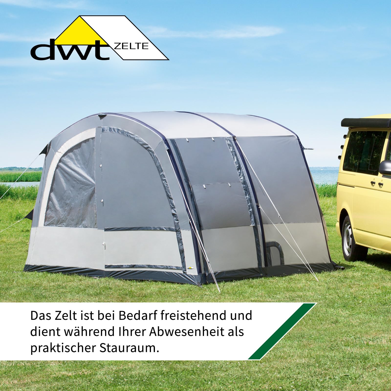 dwt Rapid Air II Busvorzelt, freistehend und aufblasbar, 340x240 cm, grau, Texolan 30, mit Vordach und Lüftungsfenstern