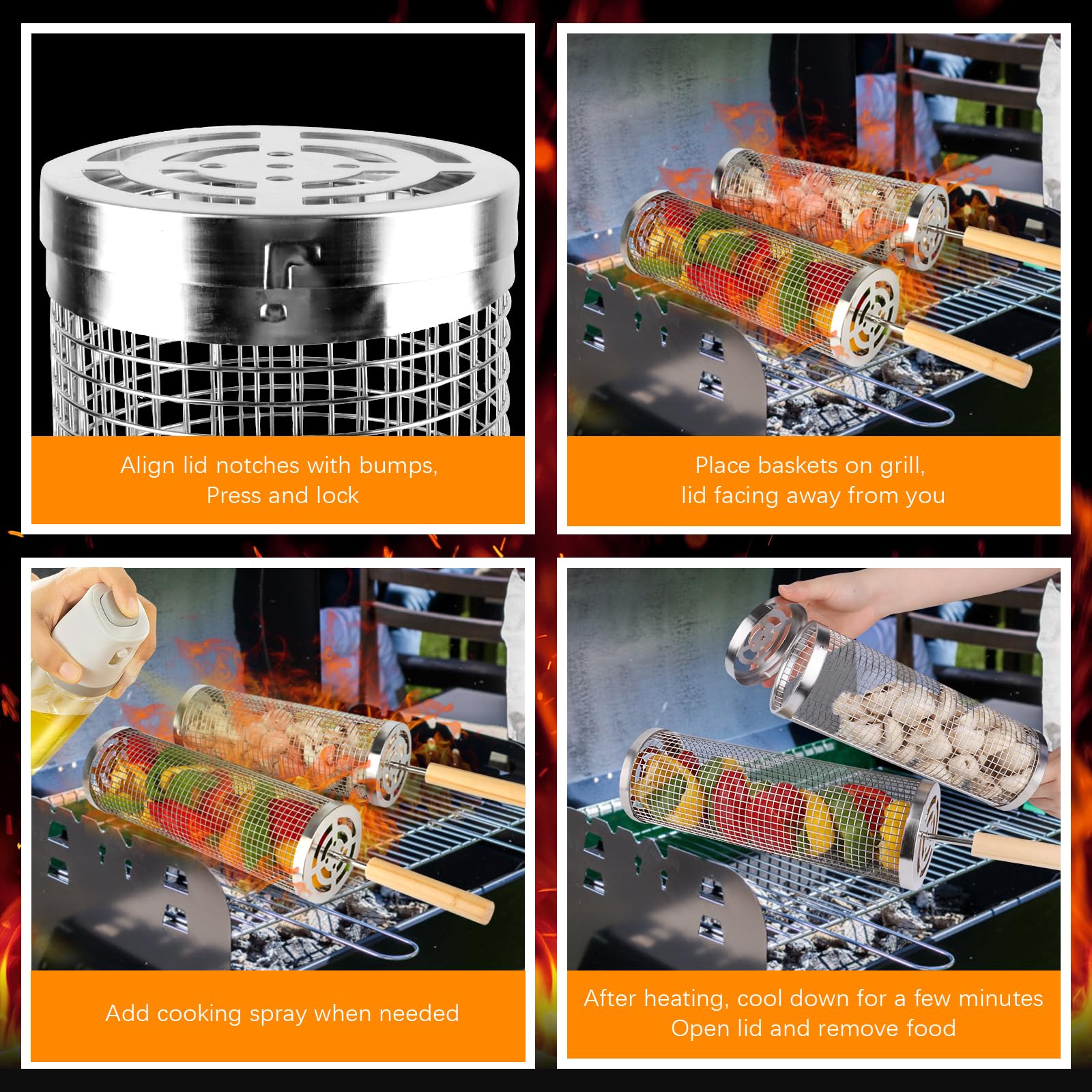 Set di Cestini per Grigliare con manico in legno, 2 Cestini per Barbecue in Acciaio Inox, Cestello per Grigliare Rotante, per Barbecue All'aperto, 30,5x10cm, 25,5x9cm