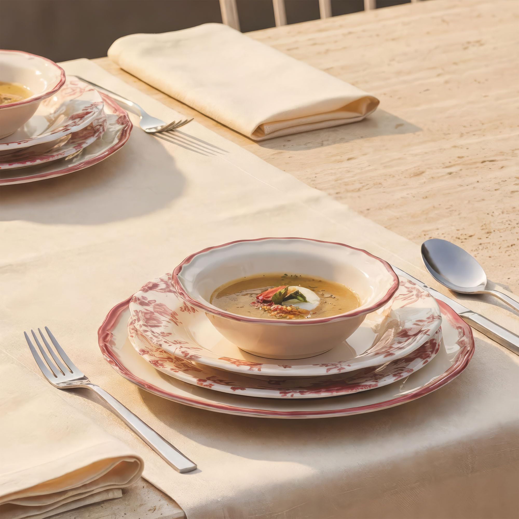 Nordic Schiller Tafelservice 24-teilig aus Porzellan für 6 Personen, Rot | 6 Speiseteller, 6 Suppenteller, 6 Dessertteller, 6 Kompottschalen, Modernes Geschirrset