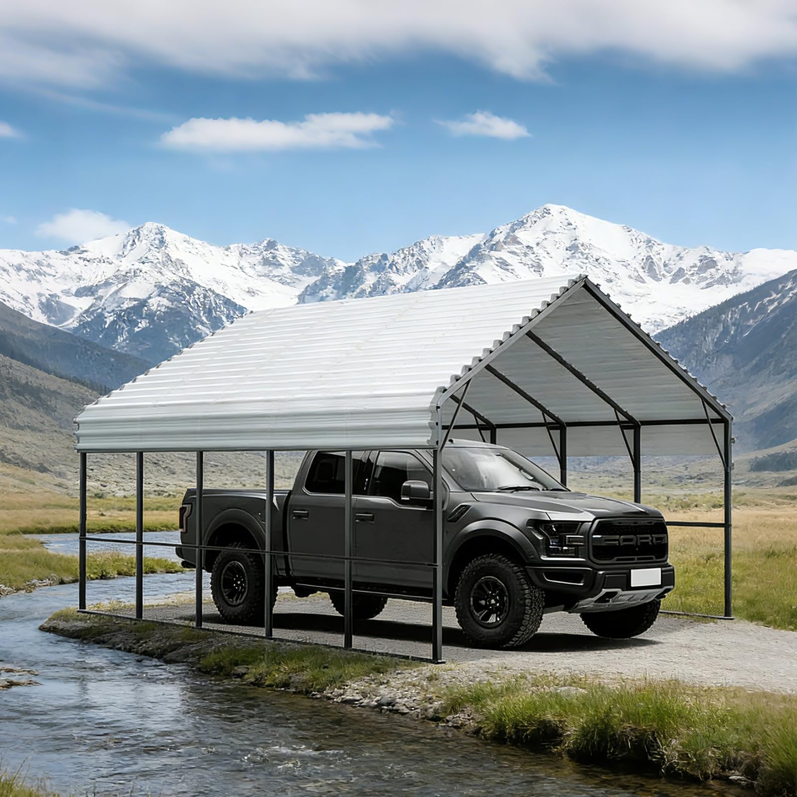 Metal Carport 13x26 ft Heavy Duty Car Port Outdoor Canopy Steel Roof All-Weather Multi-Use Garage Shelter for SUV, Boat, Tractors and Pickup Trucks