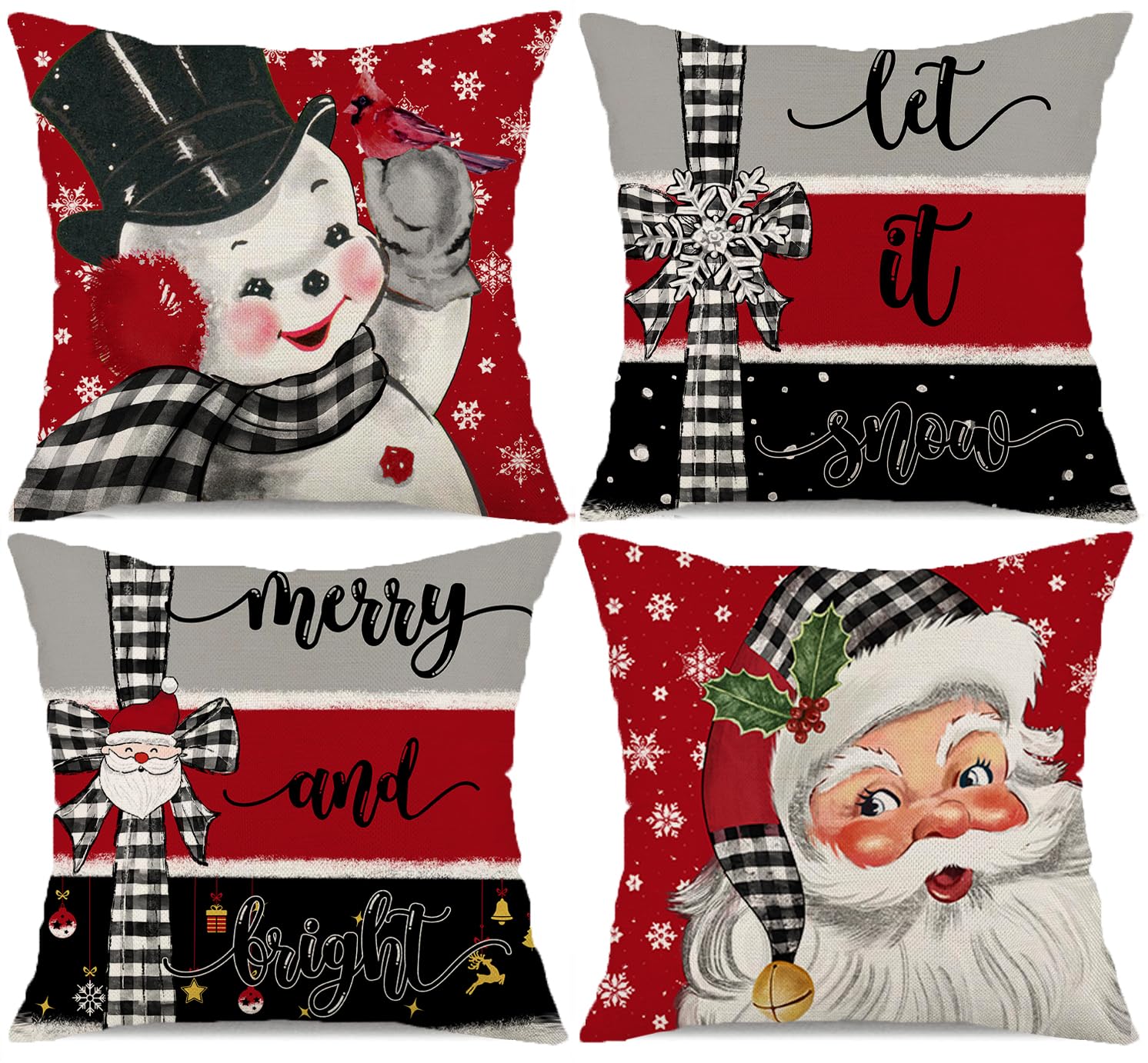 Kithomer Red Christmas Pillow Covers 18x18 Set of 4 Santa Snowman Snowflake Farmhouse Buffalo Christmas Decorations Let It Snow Holiday Pillows Decorative Throw Cushion Case for Sofa Couch