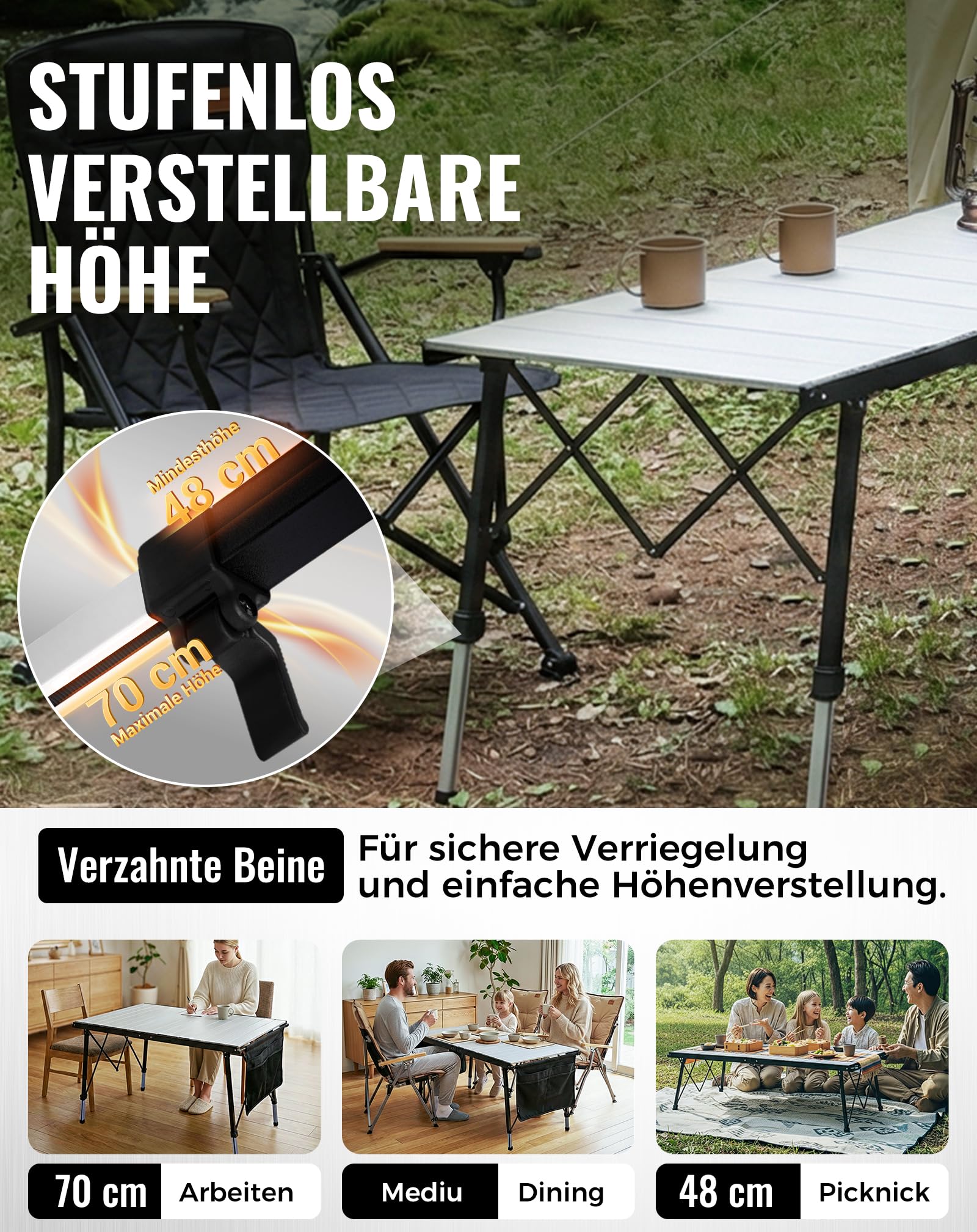 KingCamp Campingtisch Klappbar Extra Groß Höhenverstellbar, 140x70cm 48-70cm Mit Aufbewahrungstaschen, Leicht & Stabil Für Garten, Balkon & Outdoor