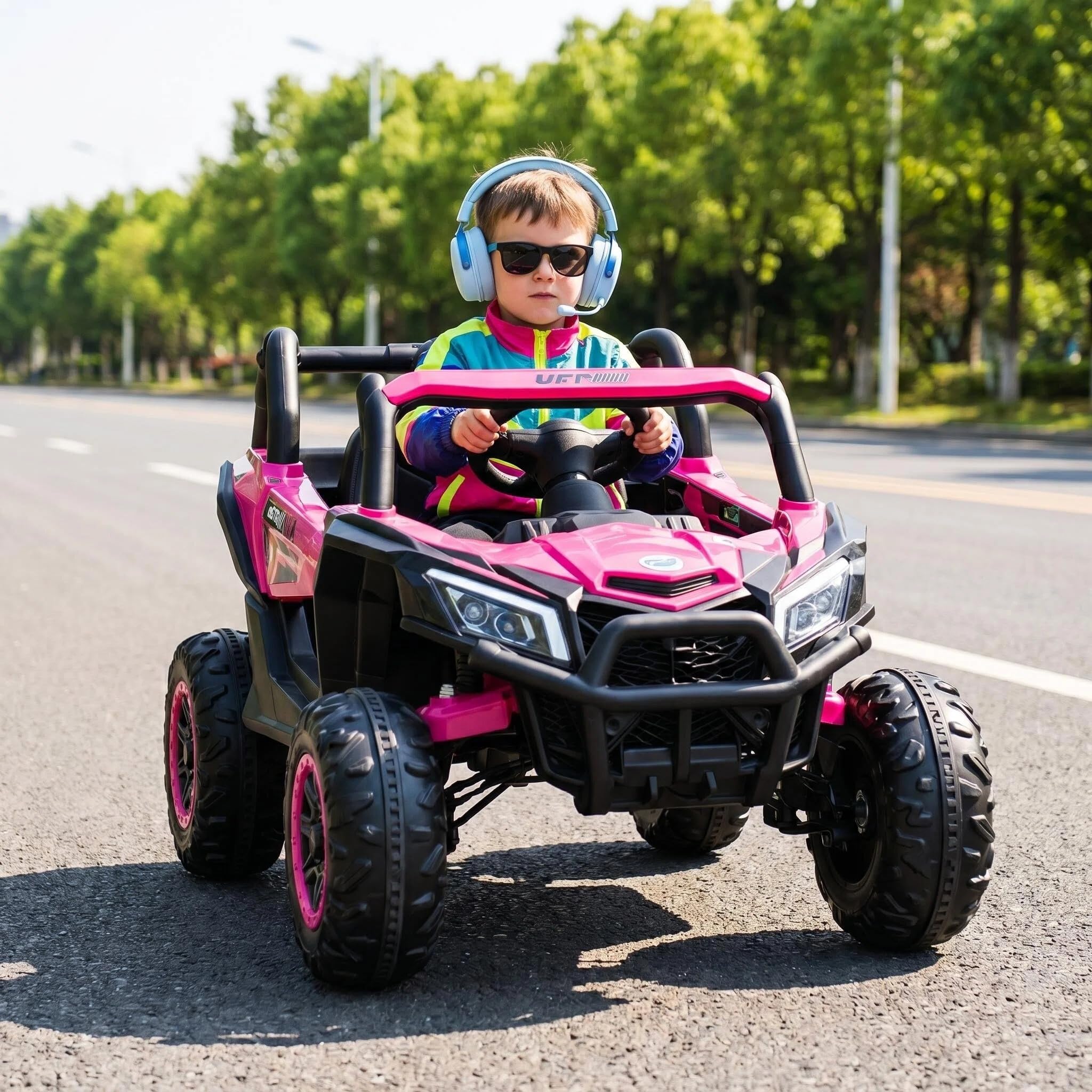 12V Voiture Électrique Télécommandée Enfant 3-6 Ans Véhicule 3 Vitesse Phares LED Quad Tout Terrain Effets Sonores Et Lumineux Jardin Gazon Goudron Grande Autonomie Rose Fuchsia