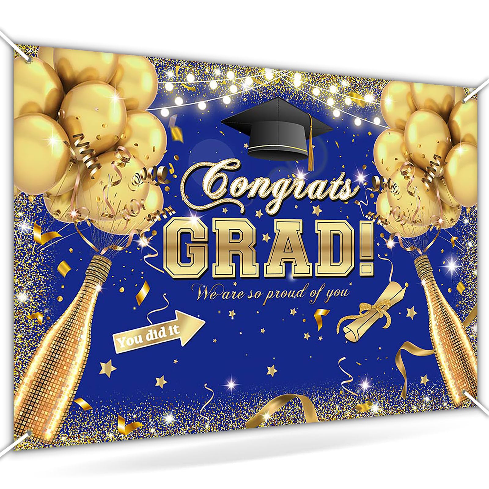 Avezano Congrats Grad Backdrop for Class of 2024 Royal Blue and Gold Graduation Decorations Congratulate Graduation Photography Background Grad Celebration Prom Party Photoshoot Supplies (7x5ft, Blue)