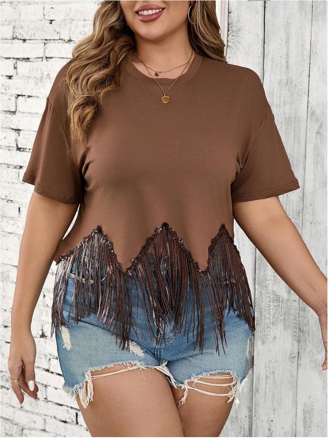 SHENHE Women's Plus Size Fringe Top Sequin Tassel Short Sleeve Summer Tee Shirt Rave Crop Tops - Image 3