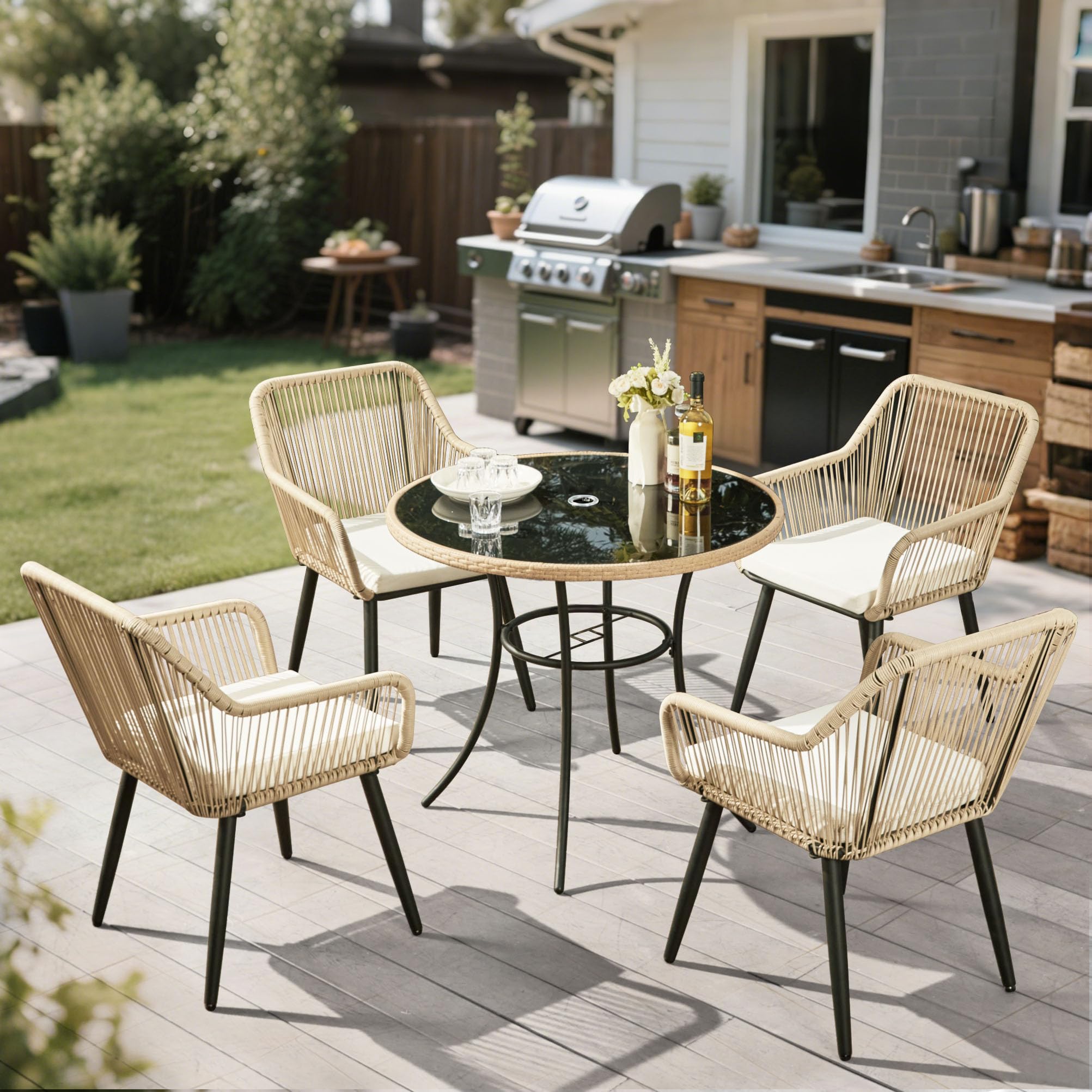 ECOTOUGE 5 Piece Patio Dining Set, Wicker Outdoor Furniture Set w/Glass Table, 4 PCS Chairs w/Waterproof Cushions for Backyard Garden Deck (Beige/