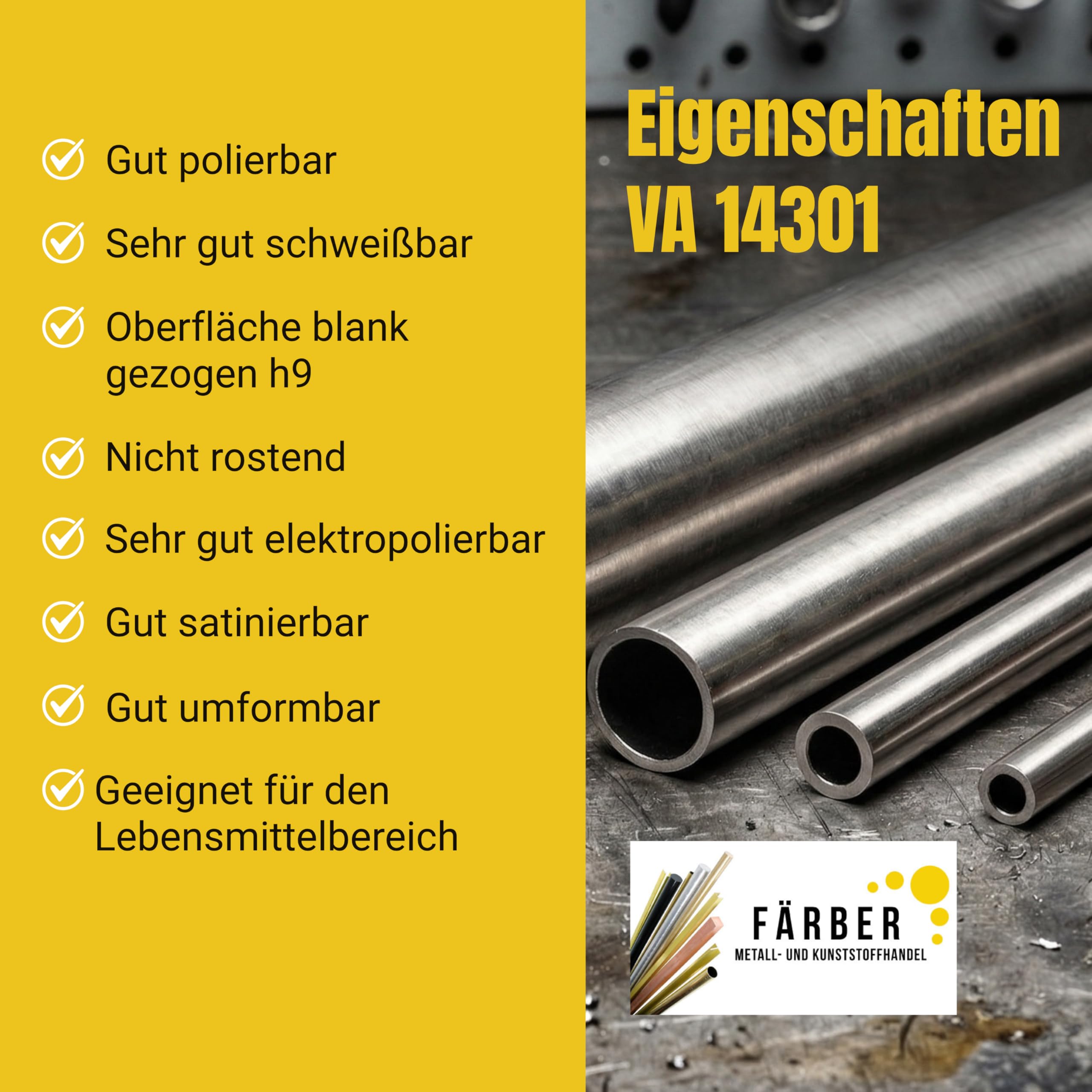 Färber 1.4301 VA Edelstahlrohr nahtlos 40x4mm L=500mm Rundrohr