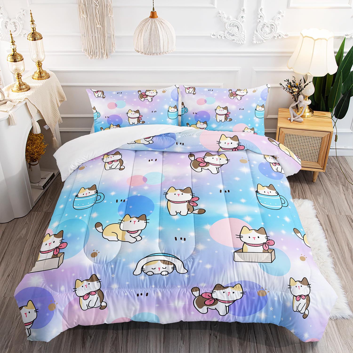 Kids Cute Cat Comforter Set Twin Size 3Pcs Colorful Rainbow Glitter Star Bedding Set Lovely Animal Cat Paw Quilt Bed Set for Children Girls Boys Room Decor