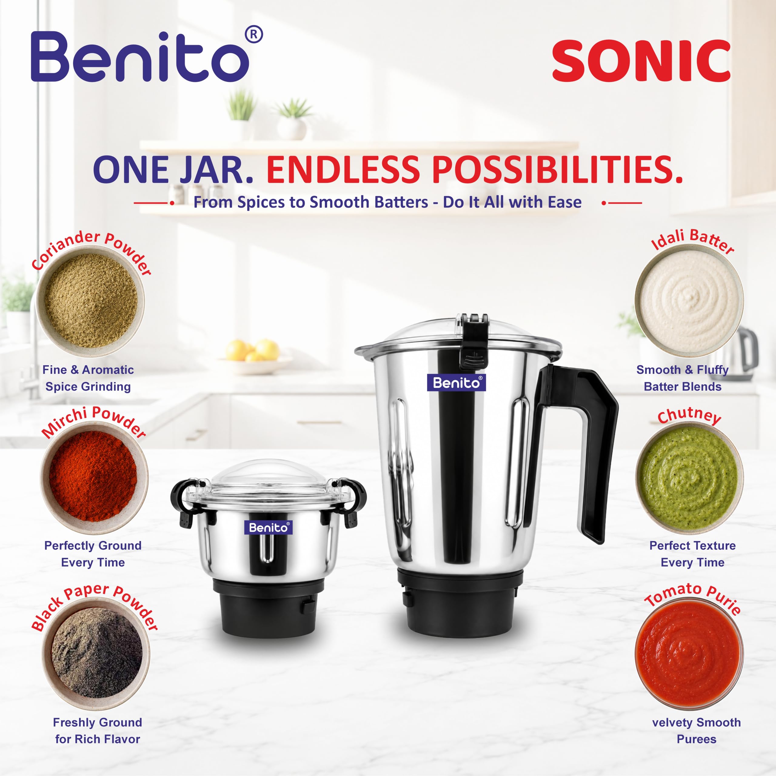 Benito Sonic Stainless Steel Jar Set (500 & 1200ml) for Mixer Grinder – Compatible with 4-Teeth Coupler & Dual Locking System — Amazon image 5