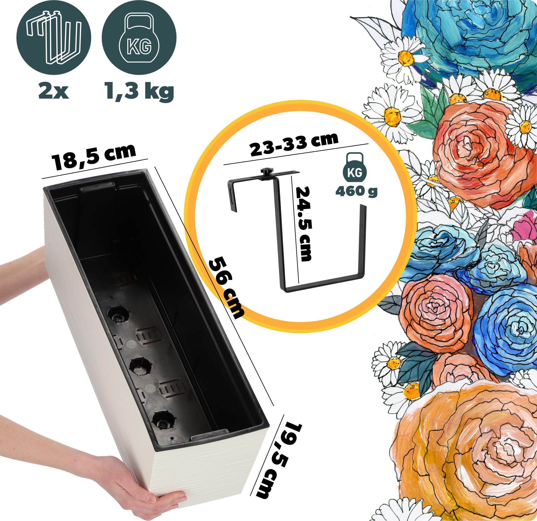 KADAX Fioriera con supporti 18,5 x 56 cm, motivo graffiato, crema, con inserto – Resistente alle intemperie