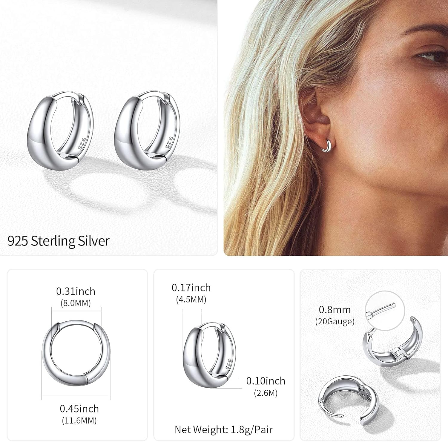 ChicSilver Small Chunky Hoop Earrings White Gold Plated Silver Thick Huggie Hoop Earrings for Women Hypoallergenic Lightweight (with Gift Box)