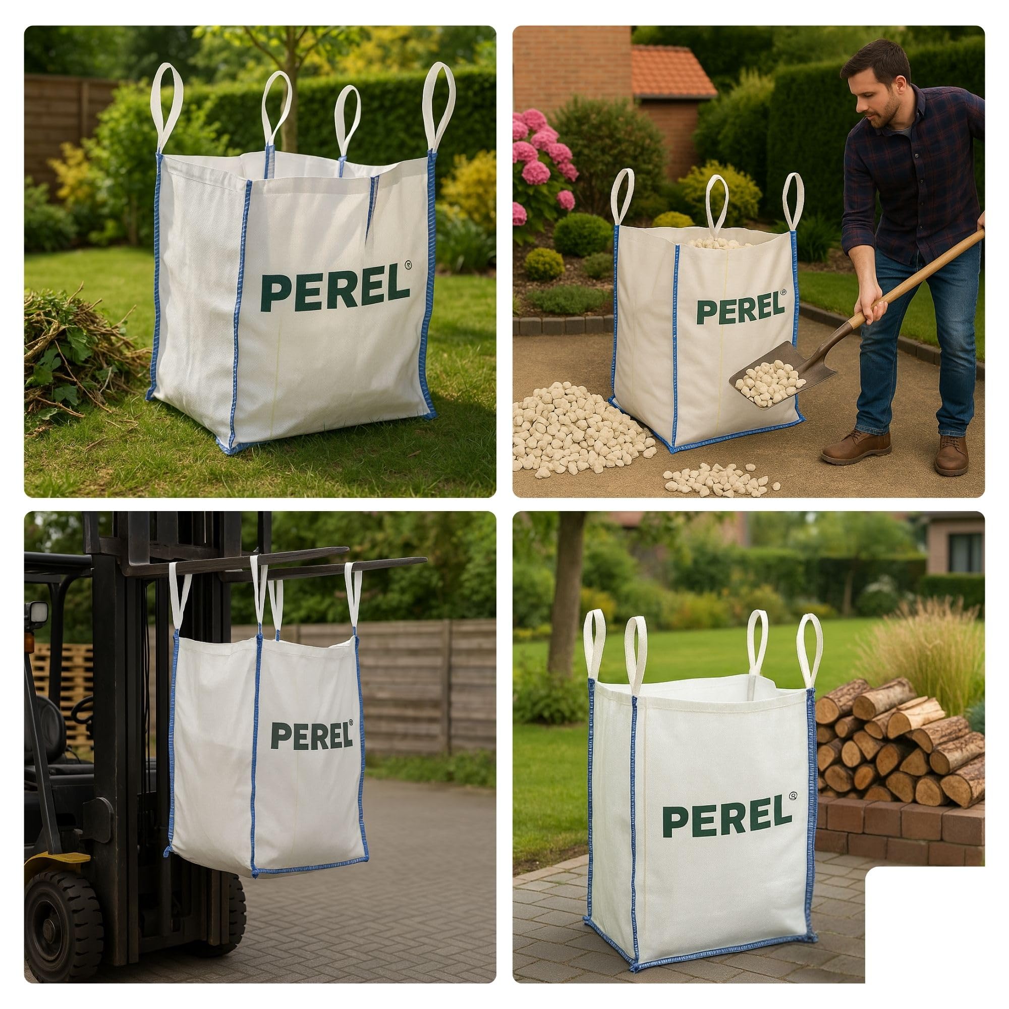 Perel Big bag 1000 litrów 1m3, worek na gruz 1000 kg, 95 x 95 x 110 cm, odporny na UV, 2 uchwyty do podnoszenia, worek na odpady budowlane piasek żwir ziemia, polipropylen 180 g/m2