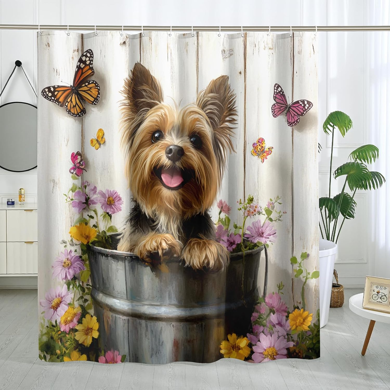 Spring Cute Yorkie Dog Shower Curtain, Rustic Flower Wood Shower Curtains for Bathroom, Pet Puppy Bath Pattern Decor Accessories Set -72"x78"