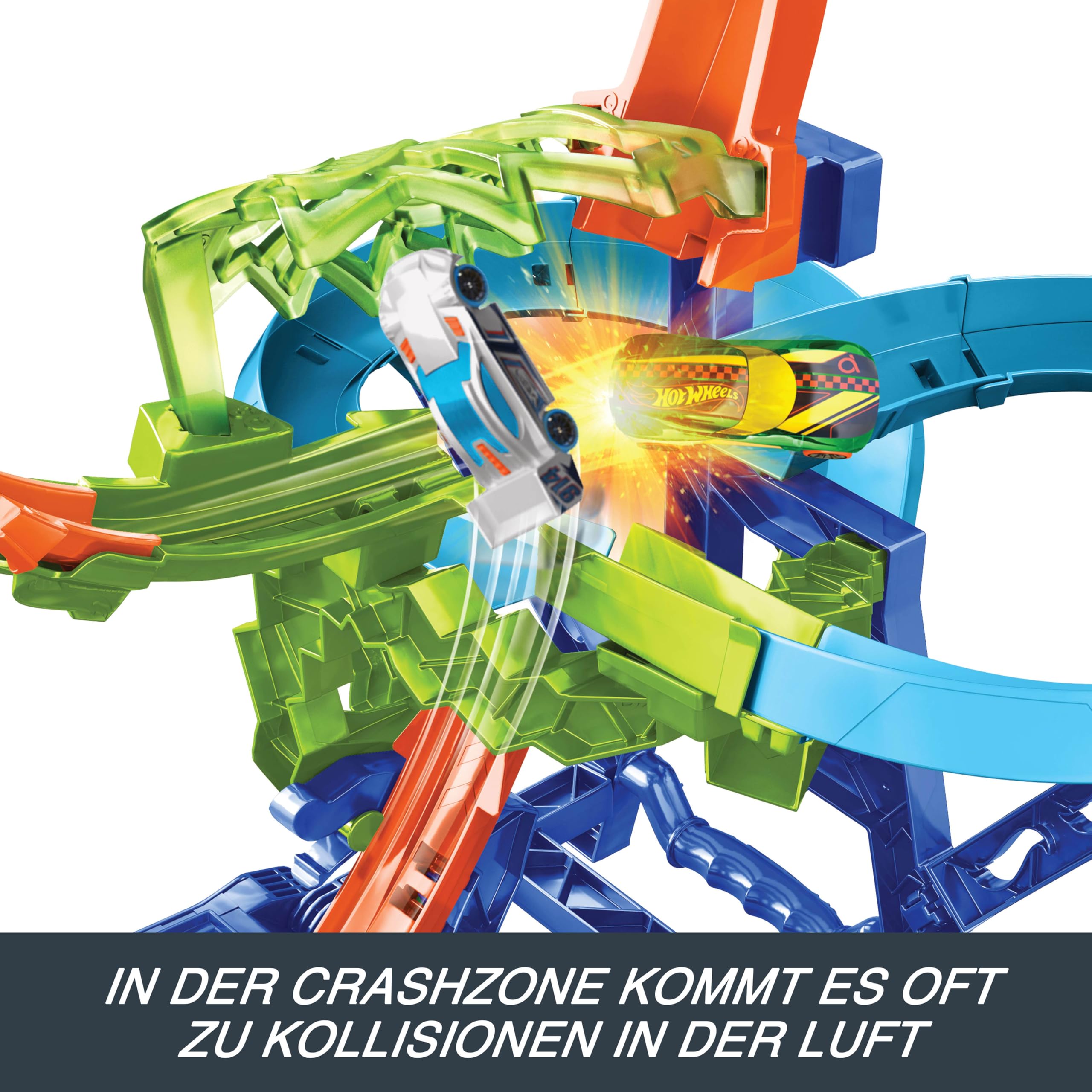 Hot Wheels Spielzeugauto-Trackset, Stunttrack Unendliche Crash-Action mit Die-Cast-Spielzeugauto im Maßstab 1:64 und batteriebetriebenem Beschleuniger für endlose Stunts und Rennen, JKJ78
