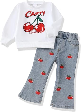 Renotemy Toddler Baby Girl Clothes Fall Winter Outfits Gifts Sweatshirt Jeans Bell Bottom Pants Set for 12Months-5 Year Girls