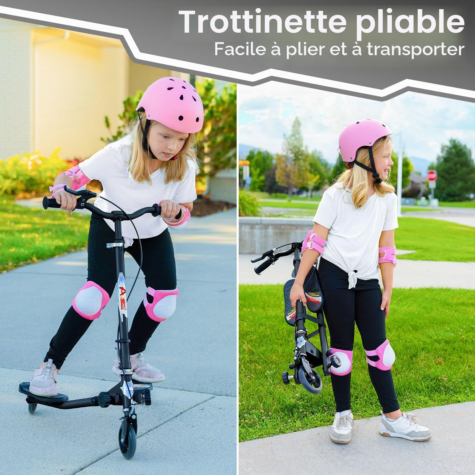 Trottinette Swing pour Enfants, Trottinette Pliable à 3 Roues avec Guidon Réglable à 4 Positions et 2 Roues Arrière à LED pour Garçons et Filles âgés de 3 à 8 Ans