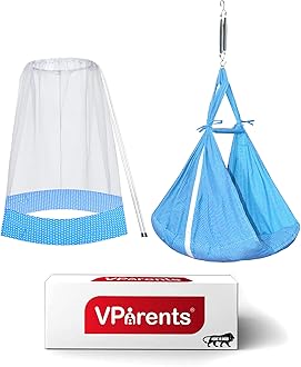 VParents Infant Baby Swing Cradle with Mosquito Net and Spring (Blue)