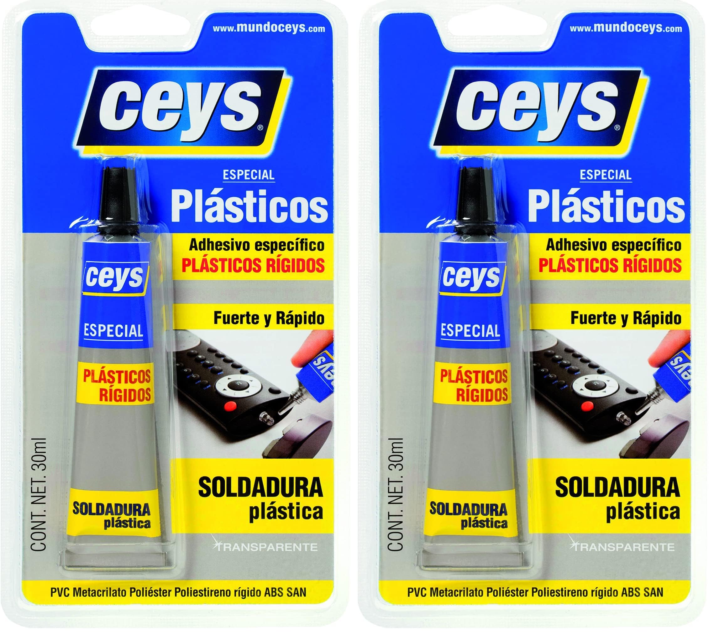 Ceys - Adhesivo para plásticos rígidos - Soldadura plástica -Fuerte y rápido - Color transparente (Paquete de 2)