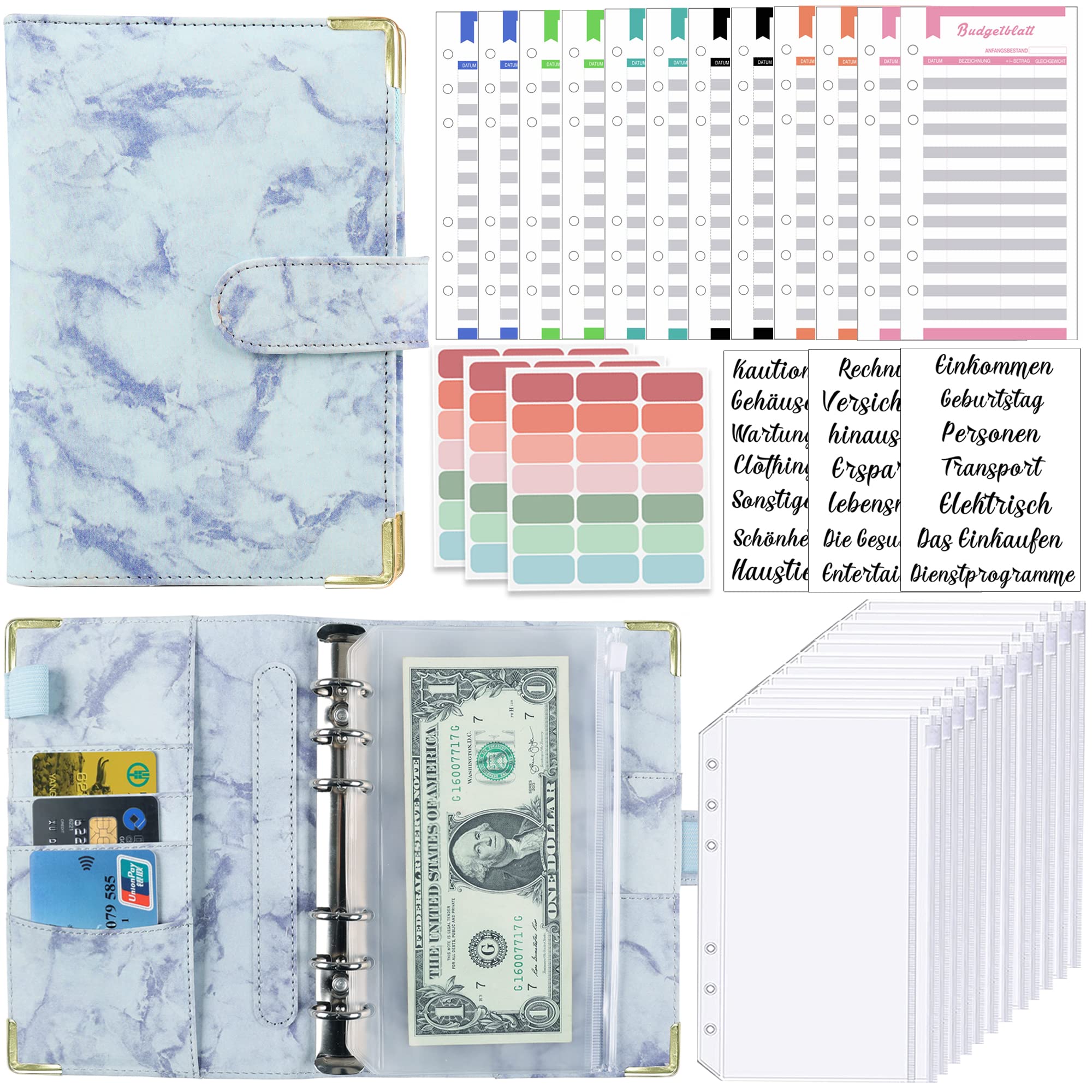 A6 Binder Budget Planner Deutsch: Geld Organizer Budget Planer mit 12 Binder Taschen, 12 Budgetblätter Deutsch, Etikettenaufklebern Sparbuch für Reisen,Tagebuch und Geschenk (Marmor Blau)