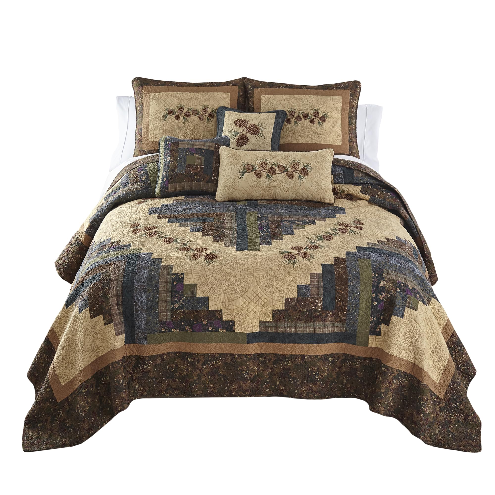 Donna Sharp Full/Queen Quilt - Cabin Raising Pine Cone Lodge Quilt with Colorful Patchwork - Fits Queen Size and Full Size Beds - Machine Washable