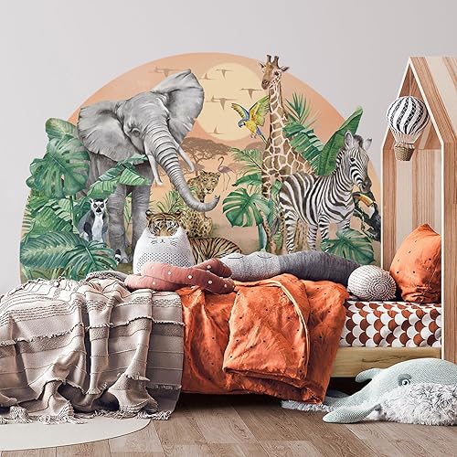 Miniatura 5 de 3 hojas de calcomanías de pared de animales de la selva semicirculares, sin pegamento, diseño de animales de safari tropical, bricolaje, removibles,