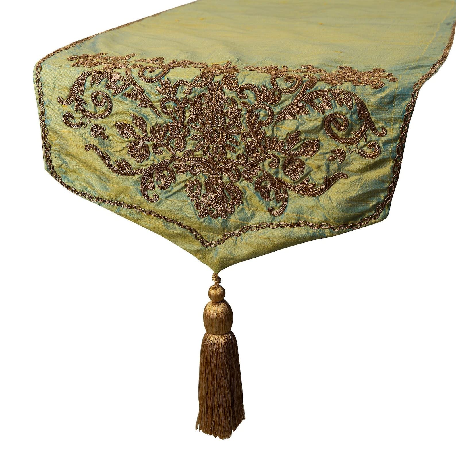 The HomeCentric Decorative Gold Table Runner 8 Seater Table Runner (14 x 108 inch), Zardozi & Tassels Table Runner, Silk fabric Table Linen, Damsak Pattern Victorian Style - Orla — image 1