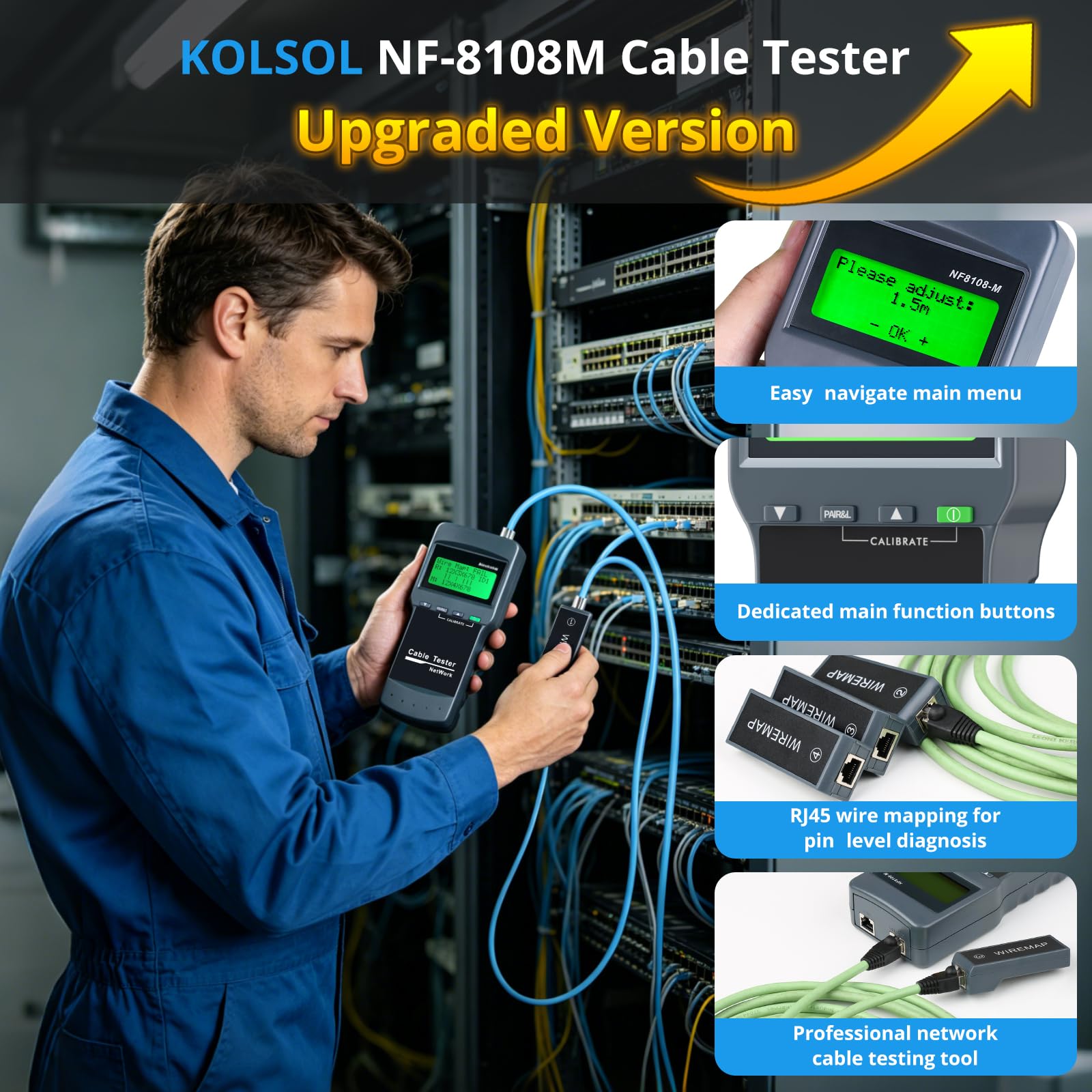 Kit tester per cavi di rete RJ45 con 8 unità remote, misuratore di lunghezza Ethernet LAN per cavi Cat5/Cat5e/Cat6/Cat6e, localizza punto di rottura, misurazione della lunghezza e controllo