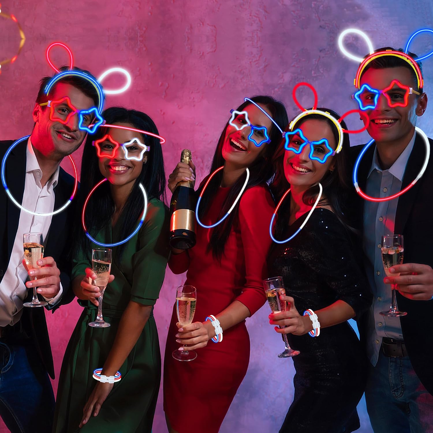 120Pcs 4th of July Accessories, Red White Blue Glow Sticks Patriotic Parade Throws Party Favors Bulk Fourth of July Light up Necklaces Glasses Anniversary Supplies Decor for Independence Day Party