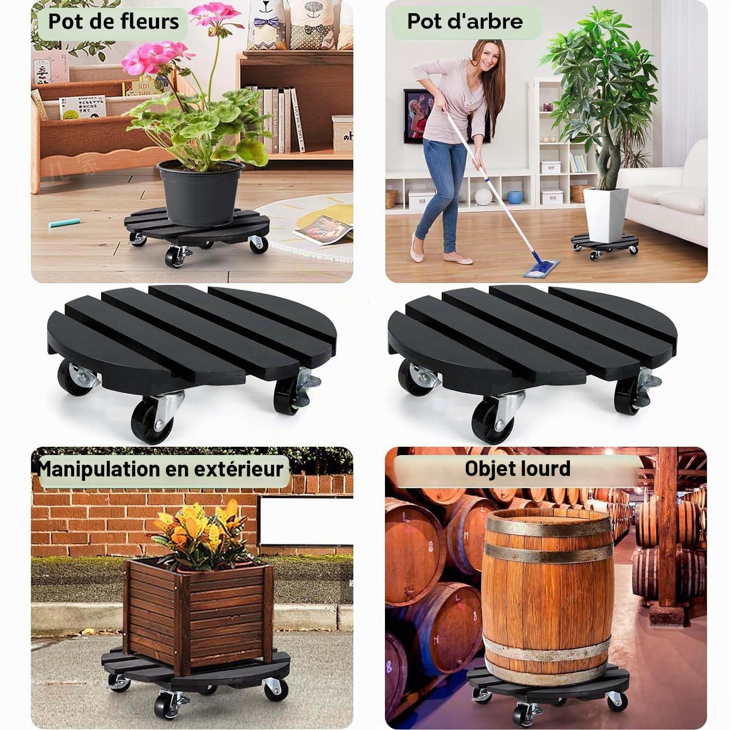 Lot de 2 supports de plantes à roulettes à 360° avec roues verrouillables - Support de pot de fleurs en bois robuste pour intérieur ou extérieur