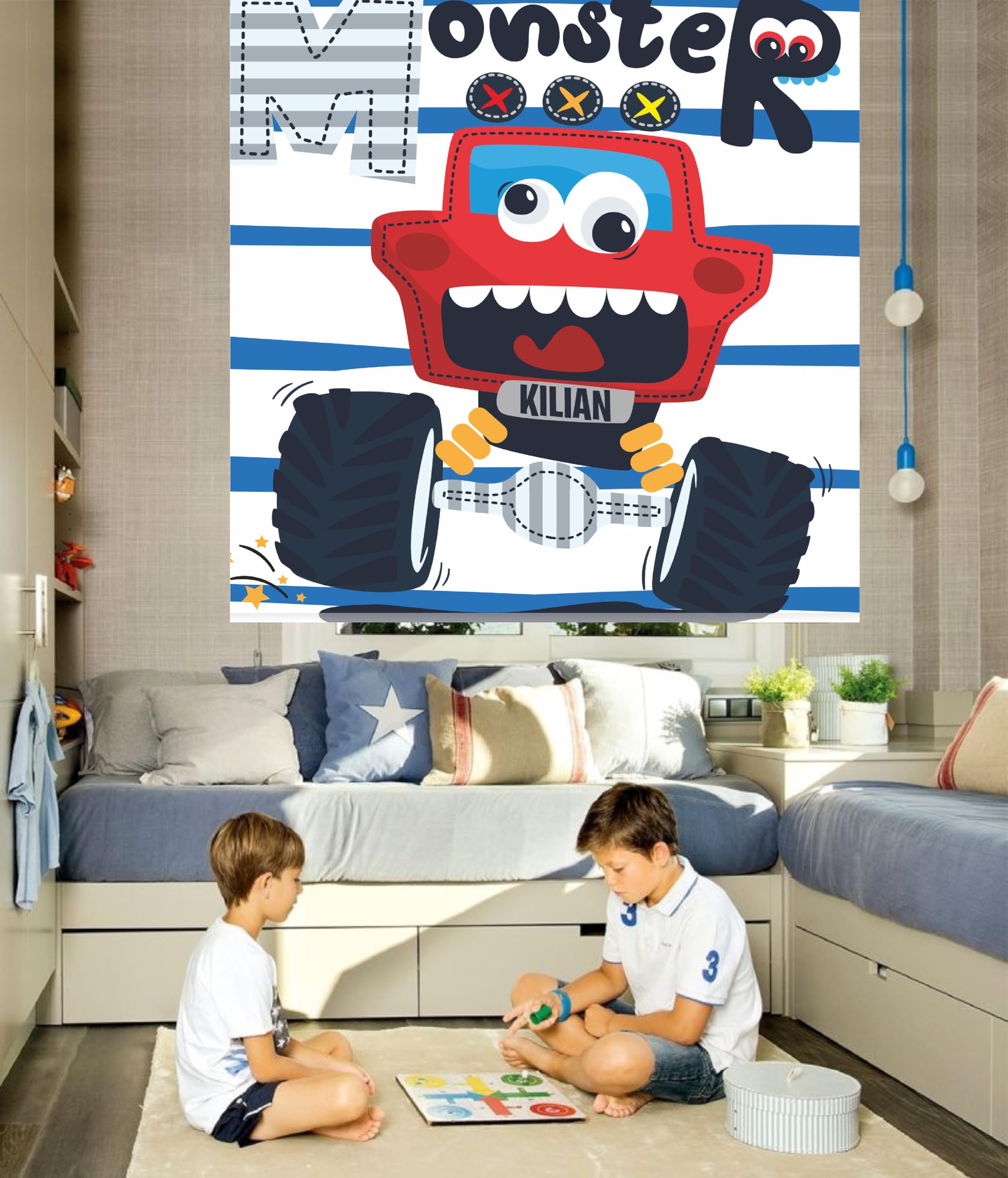 Estor translucido Infantil Racing Monster. Estores enrollables translucido de Coches. Estores Personalizables con nombre niño. Decoración Hogar. Estores Translucidos Habitacion infantil niño (130x170)
