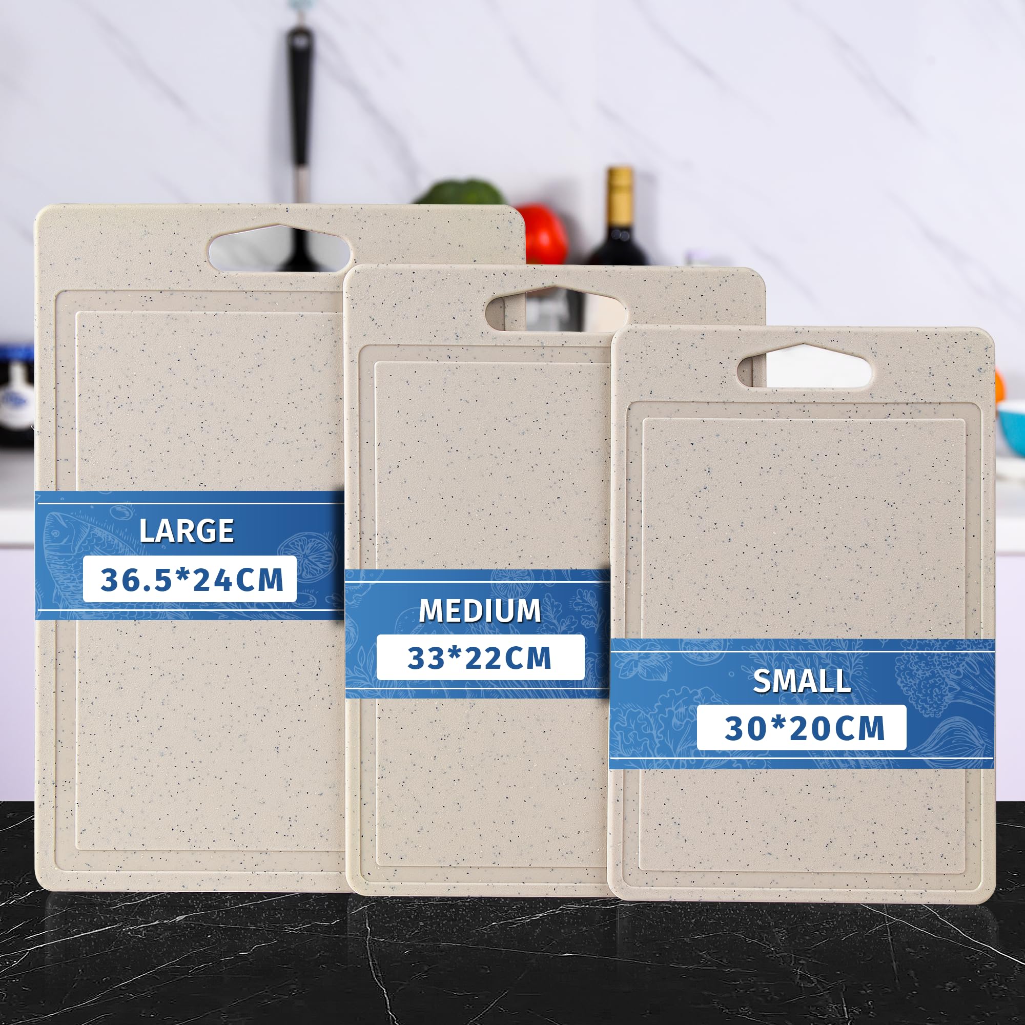 DIFULI Schneidebrett Set Granitoptik, 100% Rutschfeste Aufkleber und Saftkanal, BPA-Free, mit Griff Schneidebretter Kunststoff Antibakteriell, Spülmaschinenfestes, Küchenzubehör