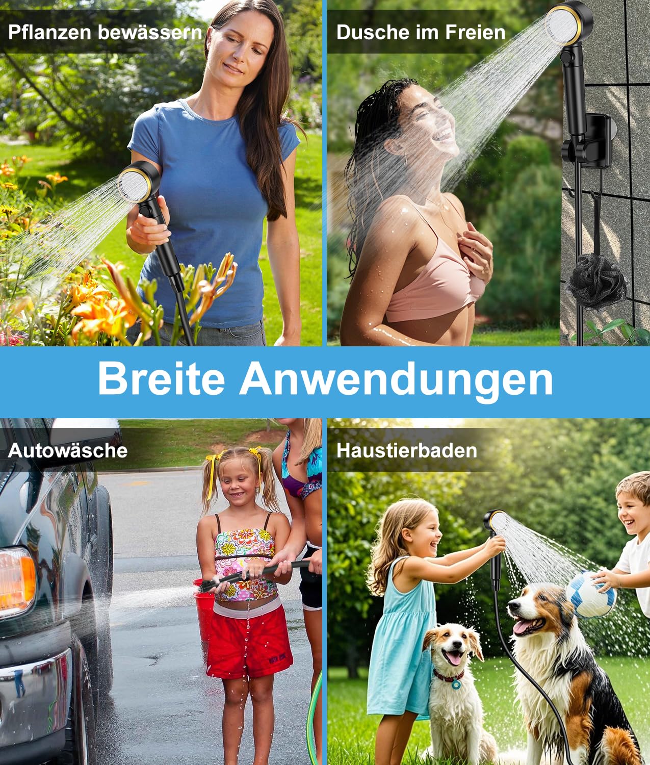 WADEO Tragbare Dusche mit Pumpe, 8000mAh wiederaufladbare Campingdusche mit LED-Anzeige, Schnellkupplungsschlauch, 4 Sprühmodi, IPX8 wasserdichte Outdoor-Camp-Pumpe für Wandern Camping Reisen Auto