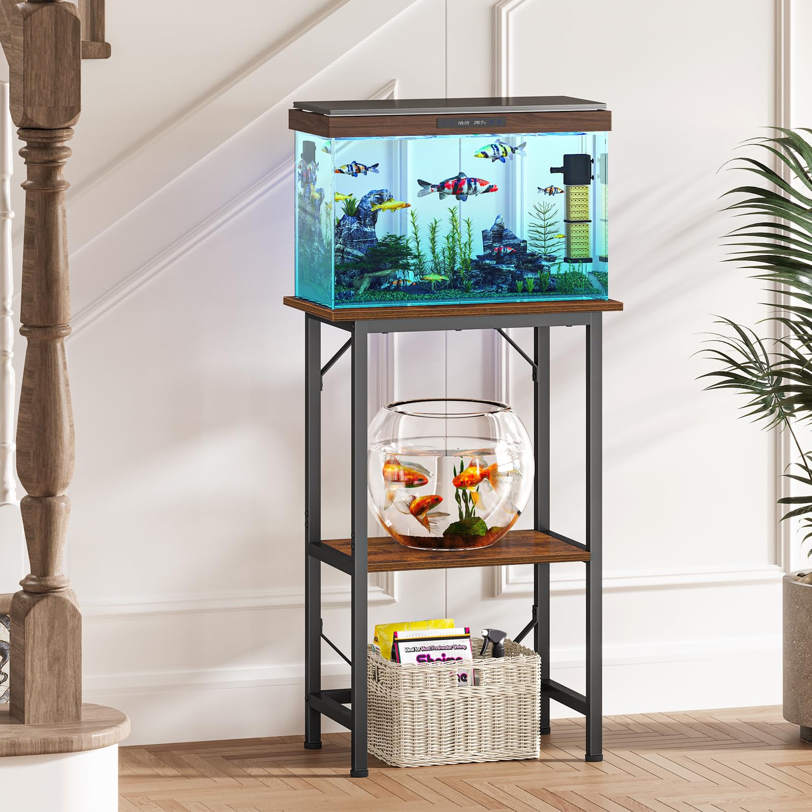 Snughome Aquarium-Ständer, 2-stöckige Aufbewahrungsregale, robuster Terrarienständer für Zuhause, Büro, Aquarium, 52 cm L x 28 cm B x 78 cm H, rustikales Braun