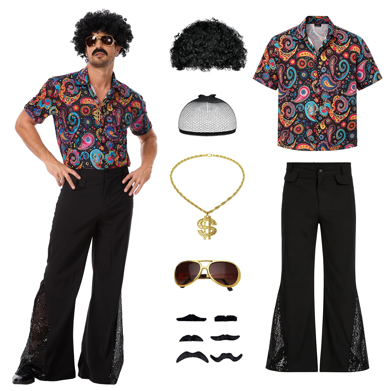 FJKVKDT 70s Disco Costume for Men - 7 Piece Set with Sequin Shirt, Flared Pants, Wig, Sunglasses, Dollar Necklace & Fake Mustaches - Halloween Retro Party Outfit (Multicolour, XL)