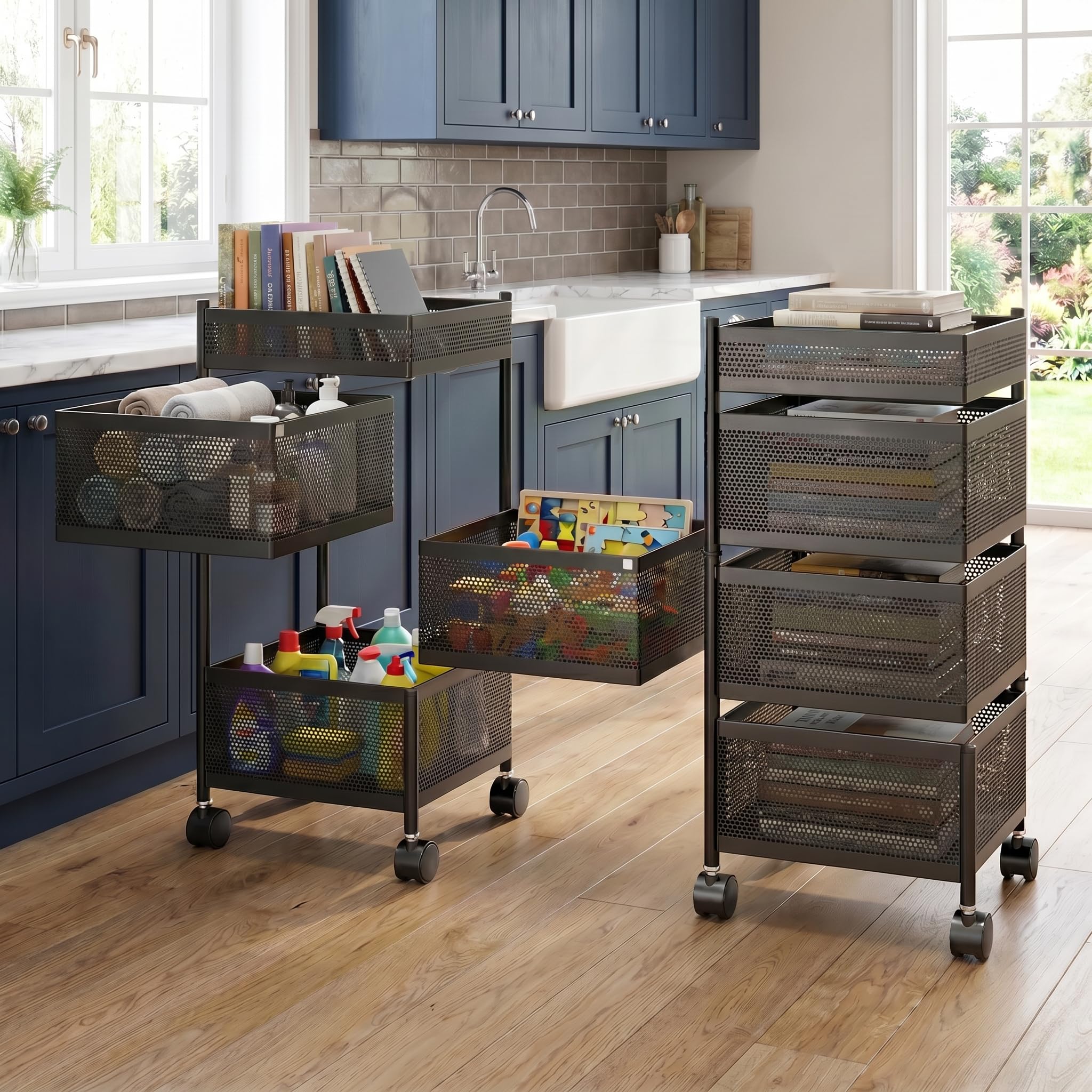 4-Tier Metal Rolling Kitchen Trolley with Wheels - 360 Rotating Storage Basket Organizer for Vegetables Fruits Spices, Square Pantry Utility Cart, 26.5x26.5x58.5 cm, Black-image-47