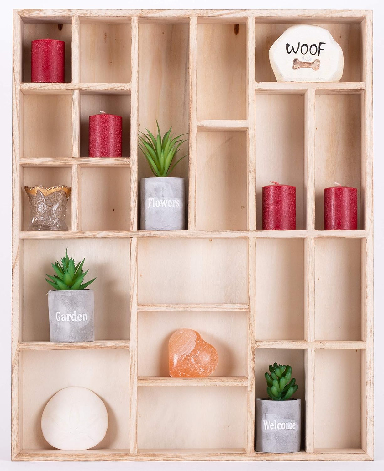 RJ's Farmhouse Decor Wall Display Case - 16x20 Inch Rustic Wooden Display Shelf, 21 Compartments, Wall Shadow Box with Shelves, Collectables Multi Use Wall Mount Display Case (Light Burnt Wood)