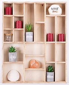 RJ's Farmhouse Decor Wall Display Case - 16x20 Inch Rustic Wooden Display Shelf, 21 Compartments, Wall Shadow Box with Shelves, Collectables Multi Use Wall Mount Display Case (Light Burnt Wood)