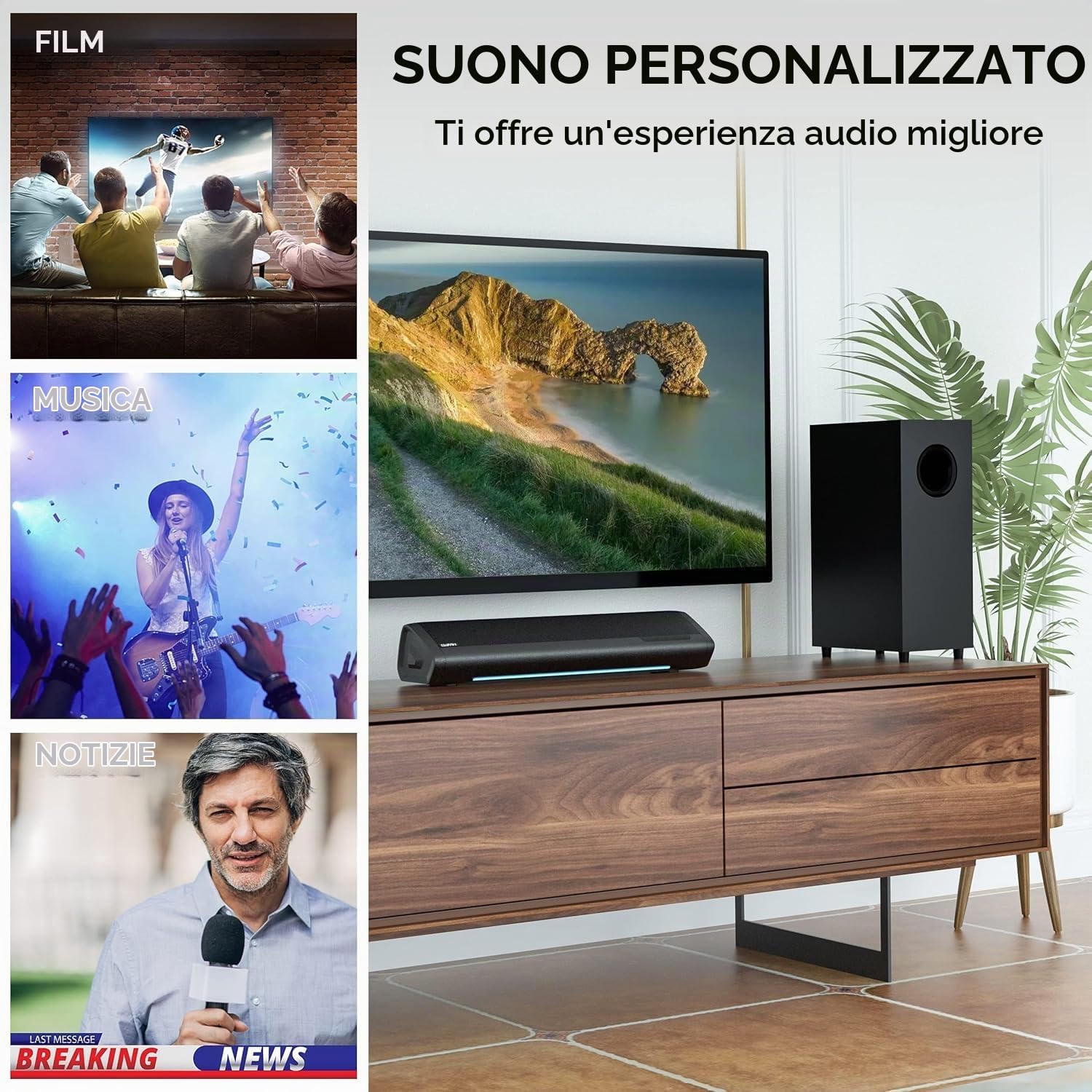 Saiyin 17 Pollici 70W Soundbar con Subwoofer per TV | Home Cinema 2.1 Canali ，Bassi Regolabili, Indicatore di Volume e Ingressi Bluetooth/Ottico/AUX per TV, PC, Proiettore