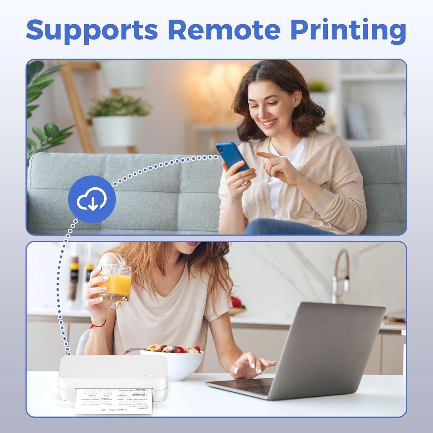 Two scenes demonstrating remote printing: A woman on a couch using her phone to send a print job, and another woman at a table with a laptop and the S821 printer, receiving a print.