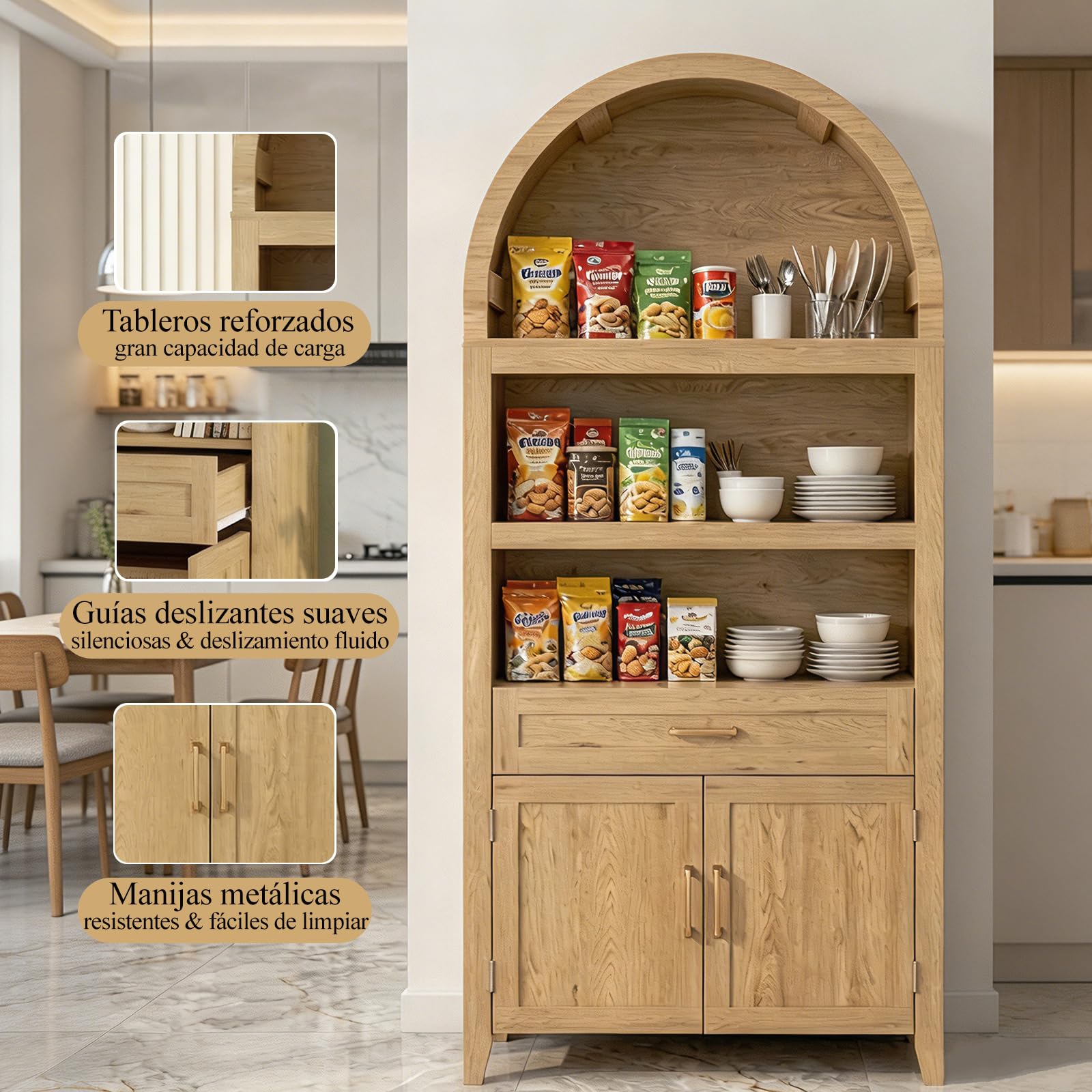 Librería Grande con Diseño en Arco, Librería Estantería con 3 Compartimentos Abiertos, Cajones y Puertas, Estantería Salón Multiusos para Salón, Cocina y Oficina | Estantería de madera, armario de vitrina para sala de estar, cocina, estudio