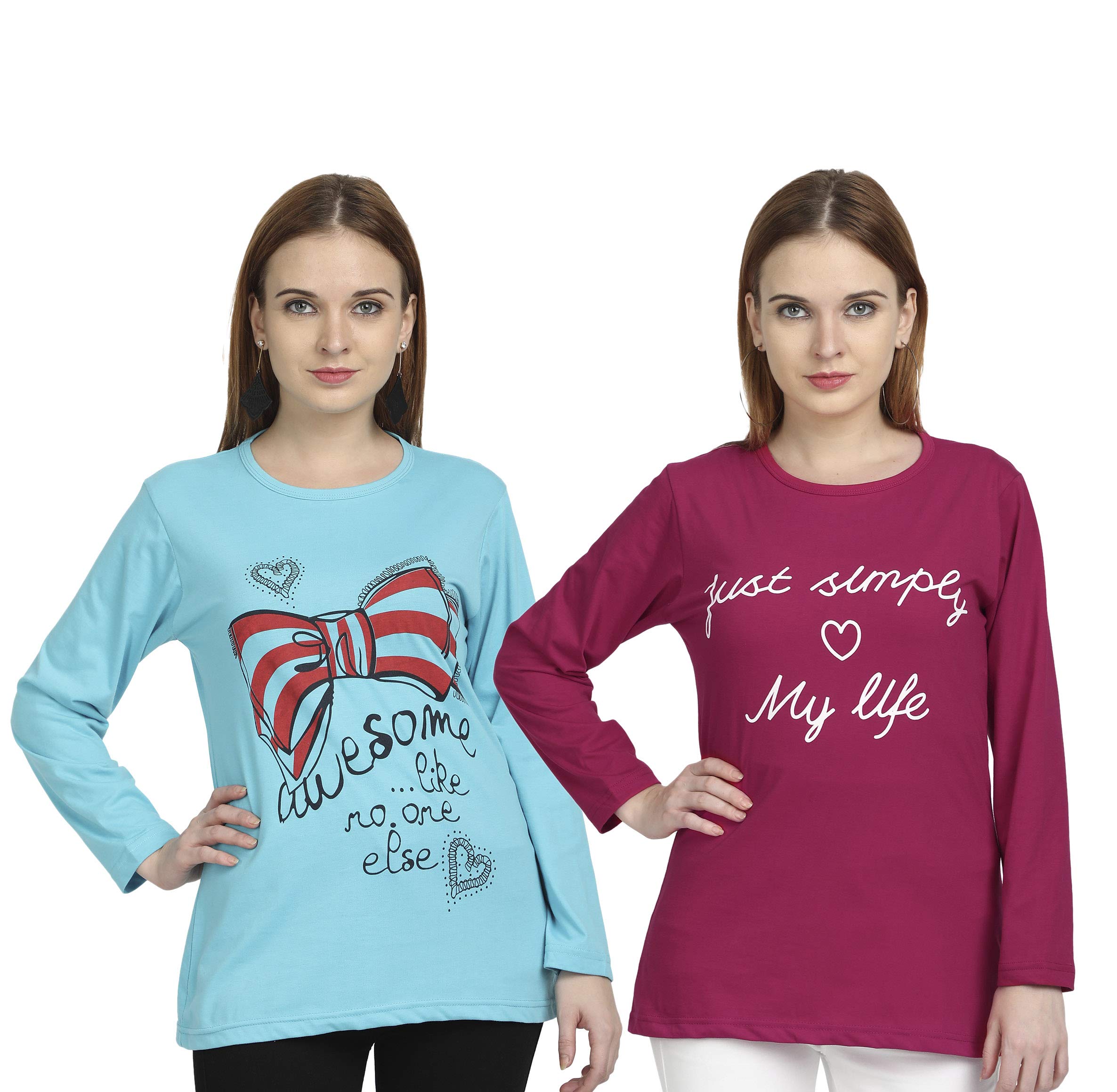 CHOZI Women's Printed Cotton Tshirt Round Neck Full Sleeve T-shirt for Women (Multicolor) 68- Pack of 2