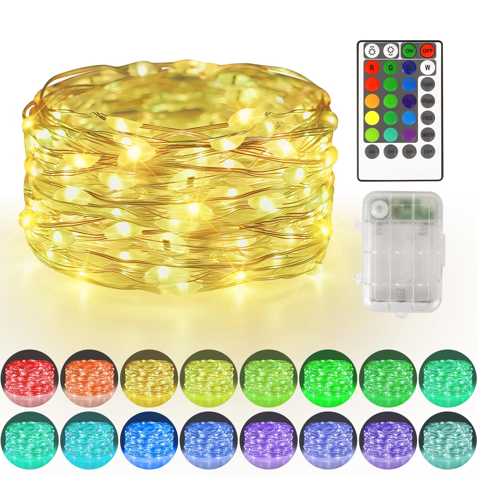 Heceltt23Ft 70 LED Fairy Lights Battery Operated, RGB Color Changing Sliver Wire String Lights with Remote for Bedroom,Backyard,Wedding,Tree, Mason Jar, Wall, Stairs,Christmas Decor