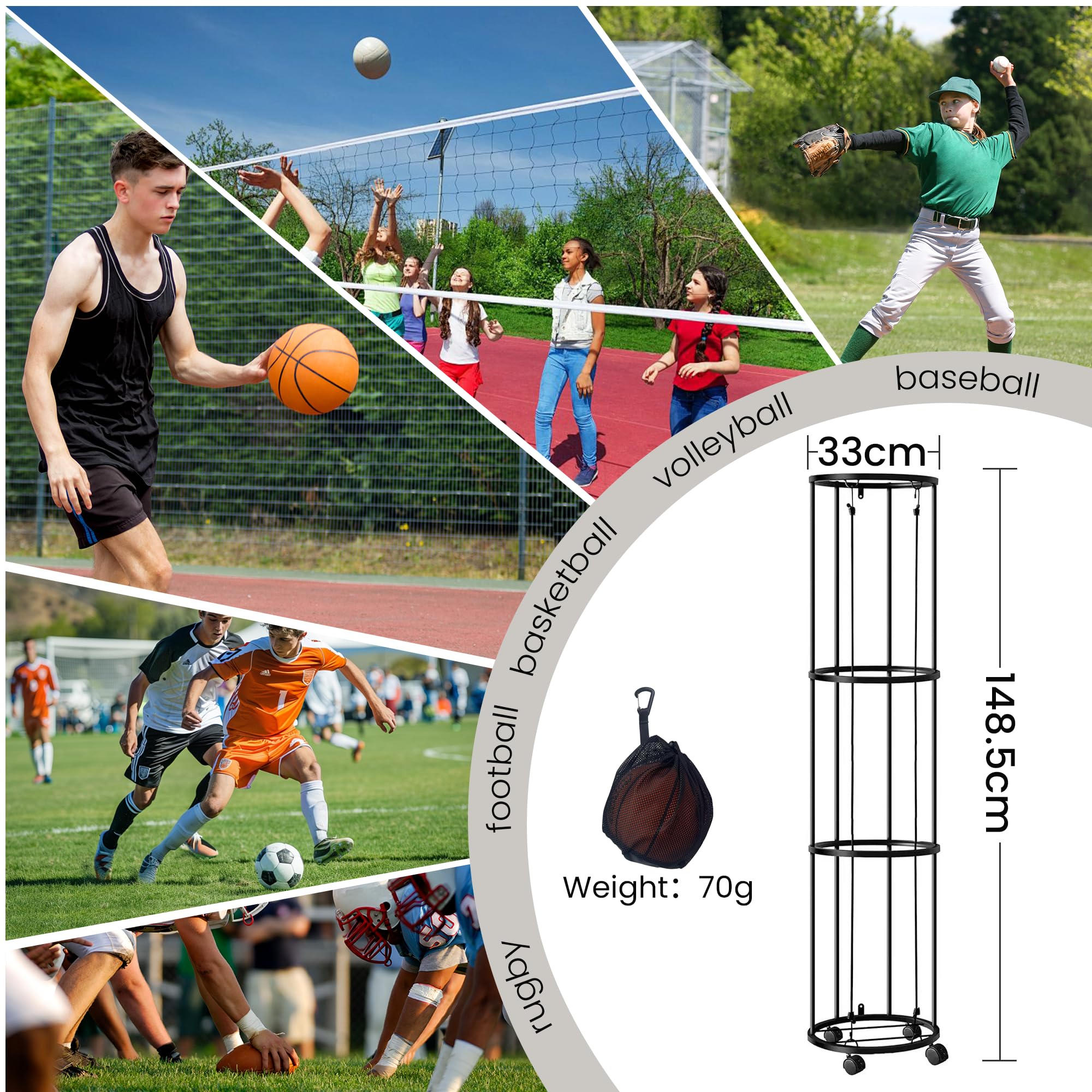Shiawase 3 Tier Ballständer mit Rollen Sparende Abnehmbare Stehend Ballhalter mit Netto, Ball Aufbewahrungsregal, Garage Ball Aufbewahrung Sports Storage für Volleyball, Basketball, Fußball