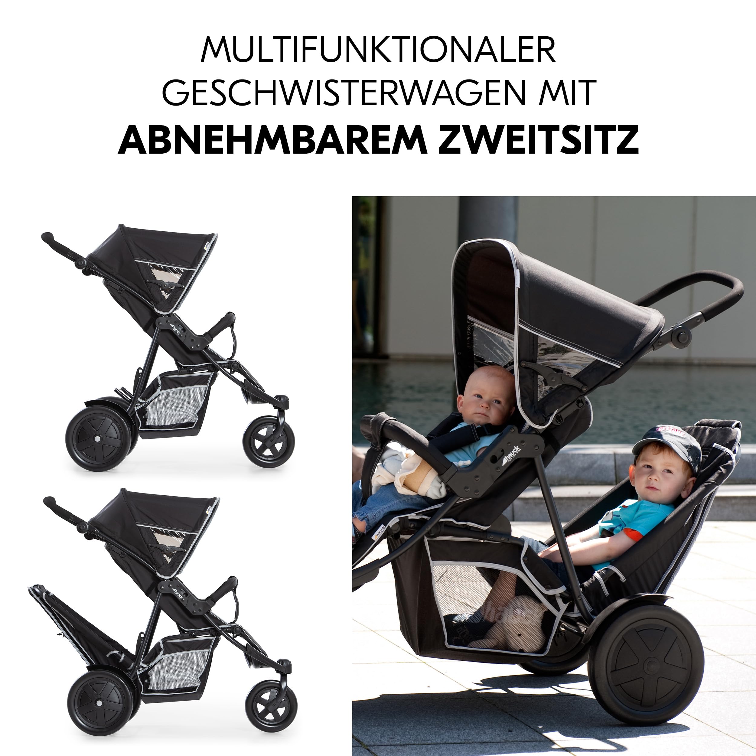 Hauck Freerider Black Dreirad Geschwisterbuggy Kinderwagen für 2 Kinder mit Regenschutz, oberer Sitz ab Geburt Liegeposition, abnehmbarer Zweitsitz ab 6 Monaten
