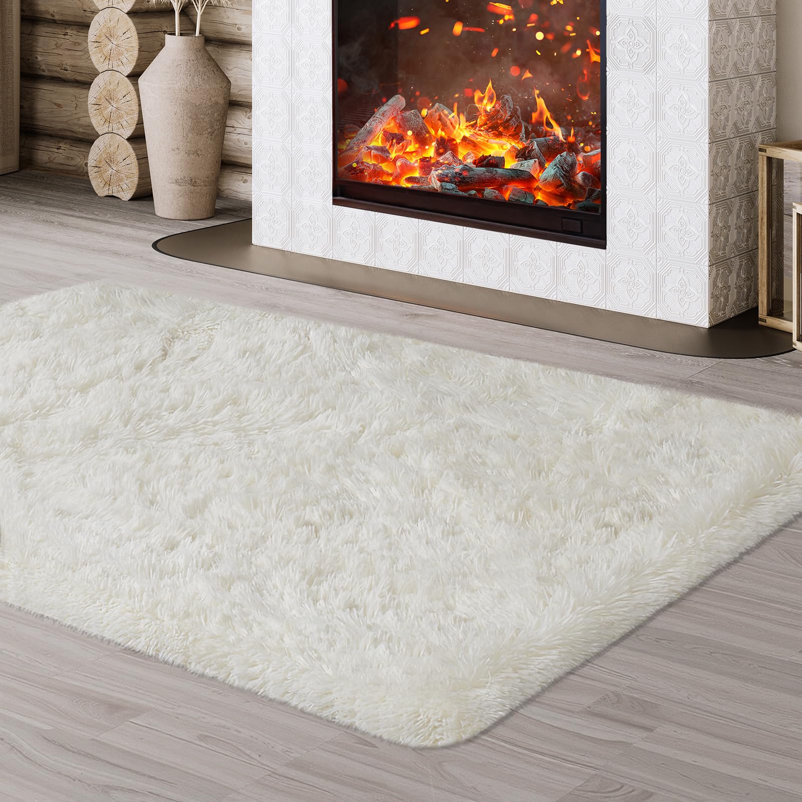 JOJOSEE Hochflor Teppich Wohnzimmer, 120 x 160 cm Anti-Rutsch Wohnzimmerteppich, Waschbarer Flauschiger Teppich für Schlafzimmer & Kinderzimmer, Creme