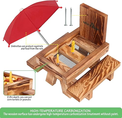 Miniatura 3 de MIXXIDEA Mesa de Picnic Comedero para Ardillas con Sombrilla Alta, Comederos de Madera para Ardillas para Exterior, Lindo Comedero para Ardillas