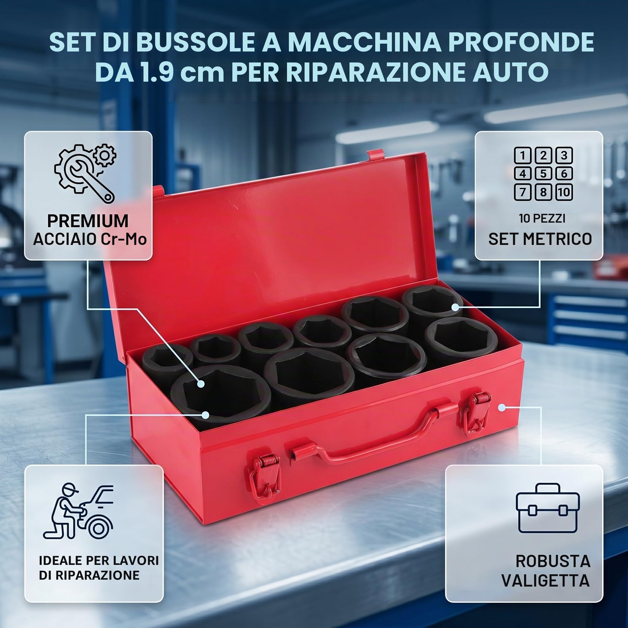 Ausla Bussole Impatto Set 10 Pezzi Metrico 22-50mm | Acciaio Cr-V, 6 punti, custodia per attrezzi