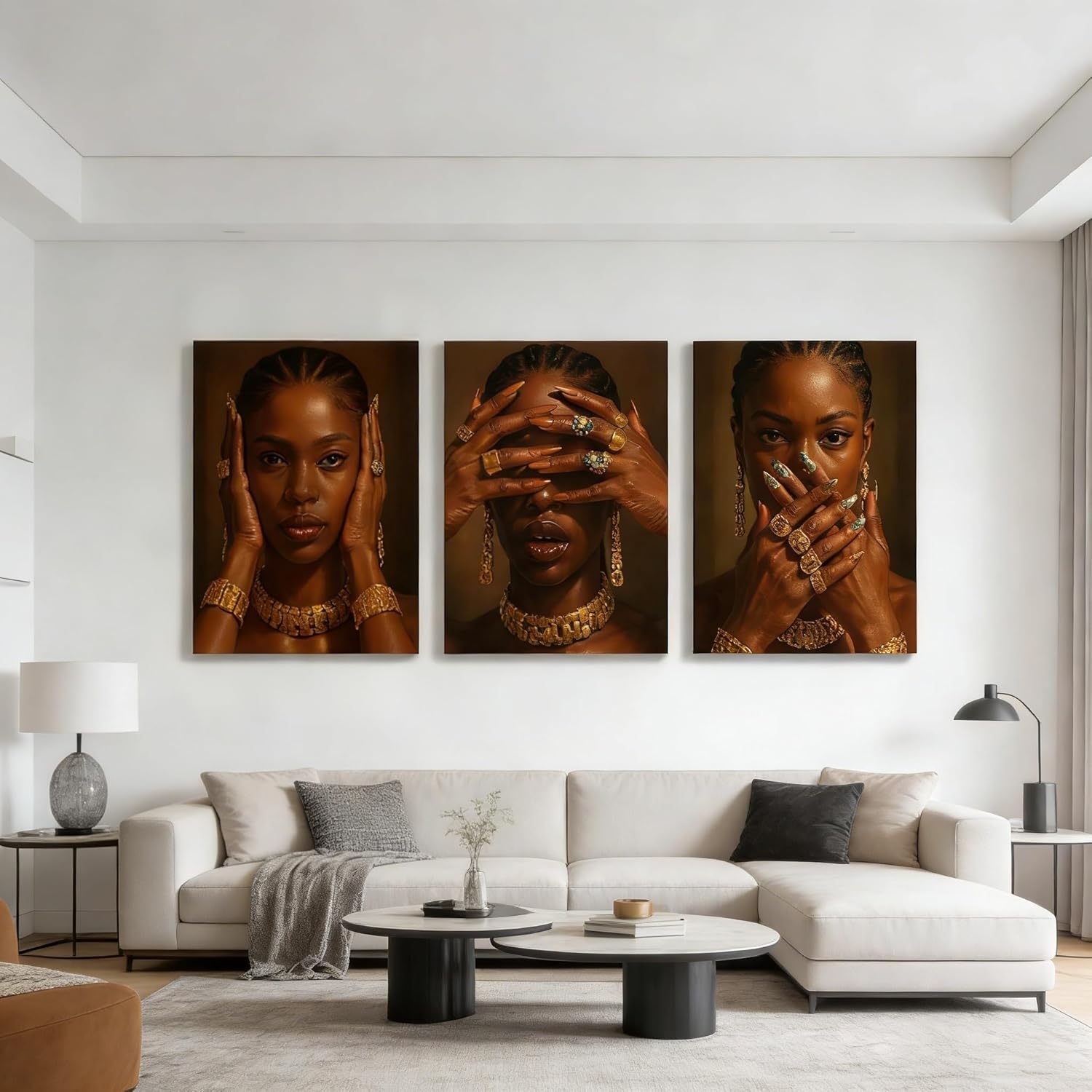 3Pcs Black Girl Wall Art Fashionable African American Black Female Painting Picture Wall DÉCor Abstract Aesthetics Black Girls Gestures Poster Print Artwork For Living Room Bedroom 12x16 Inch Framed